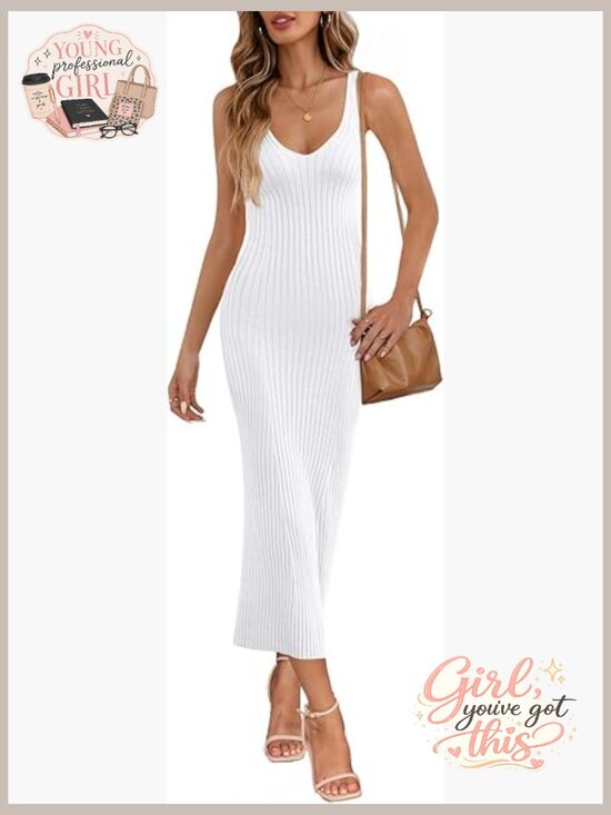 Dresses & Skirts - Sleeveless V-Neck Bodycon Midi Dress Ribbed Knit Fitted Sweater Dress for